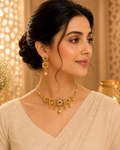 Gold Floral Choker Necklace Set with Red & Green Stones