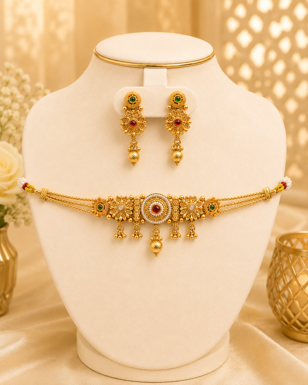 Antique Gold Floral Choker Necklace Set with Red & Green Stones