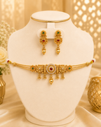 Antique Gold Floral Choker Necklace Set with Red & Green Stones