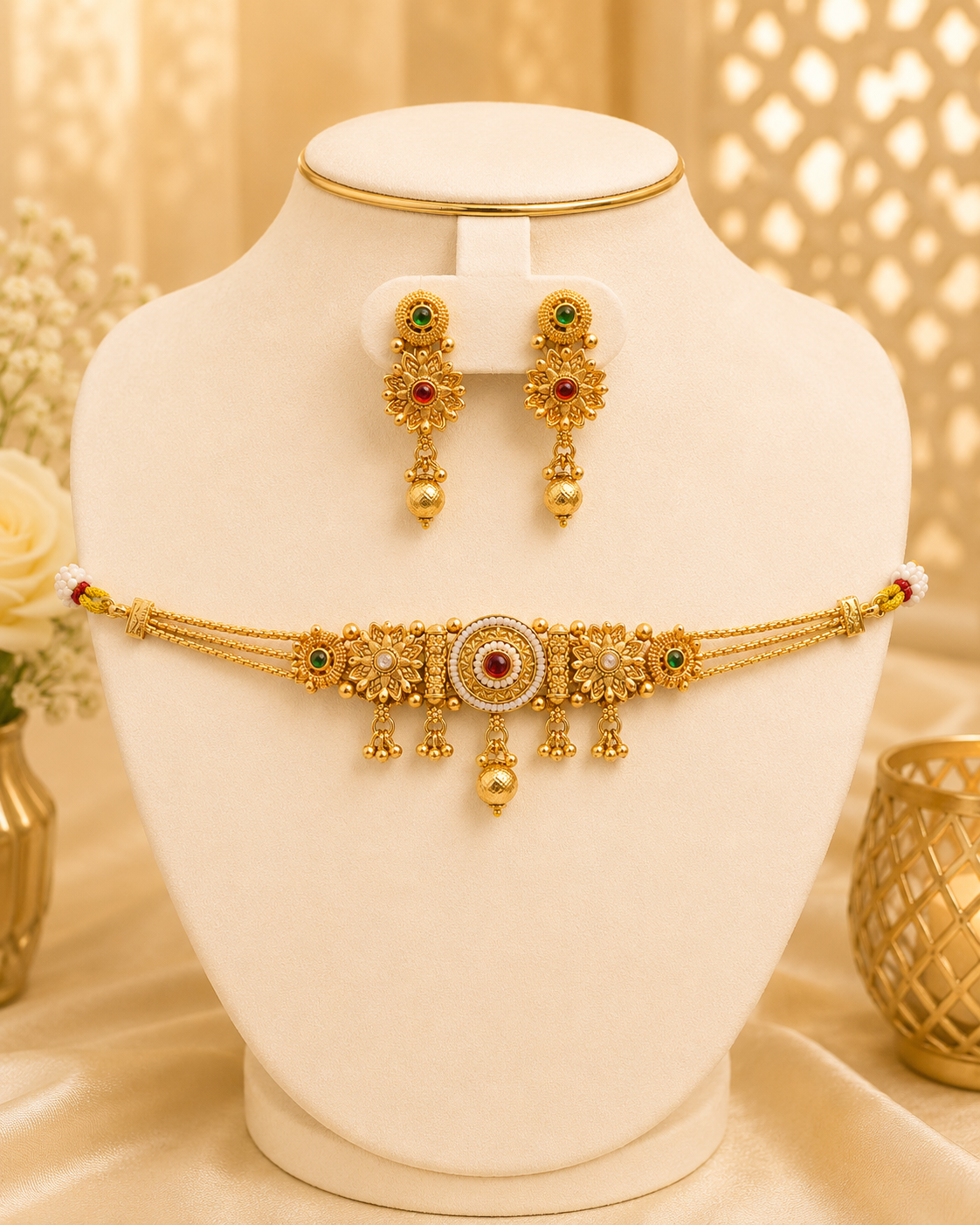 Antique Gold Floral Choker Necklace Set with Red & Green Stones