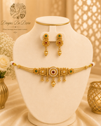 Antique Gold Floral Choker Necklace Set with Red & Green Stones