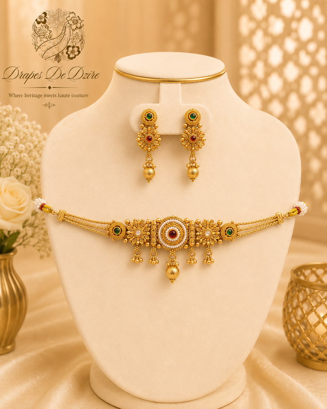 Antique Gold Floral Choker Necklace Set with Red & Green Stones