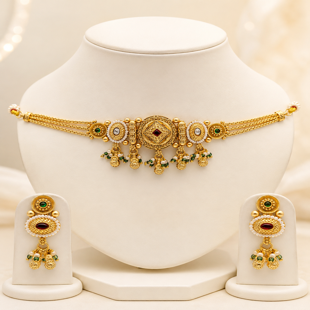Classic Gold-Plated Traditional Choker Set with Pressing Earrings