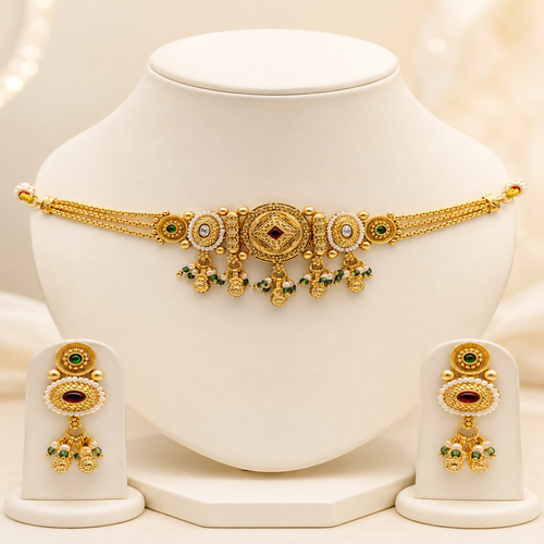 Classic Gold-Plated Traditional Choker Set with Pressing Earrings