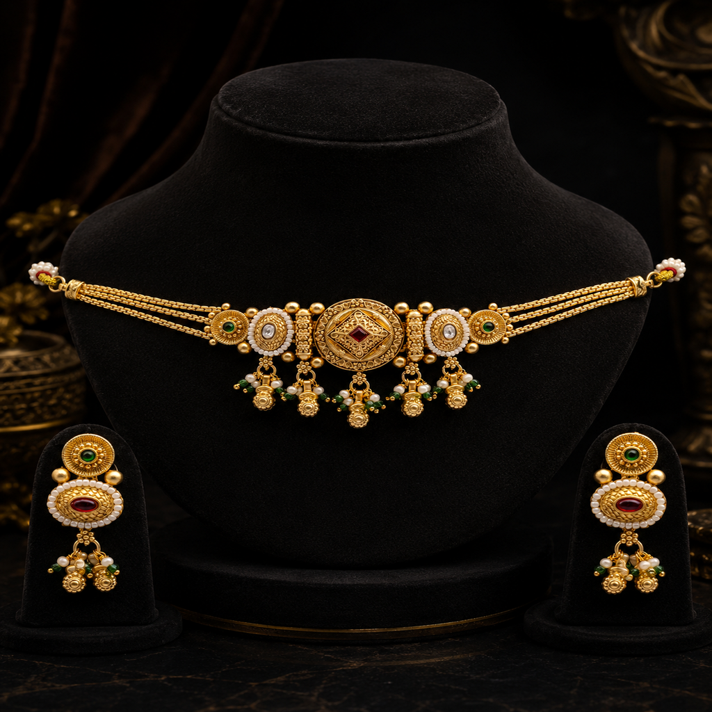Classic Gold-Plated Traditional Choker Set with Pressing Earrings