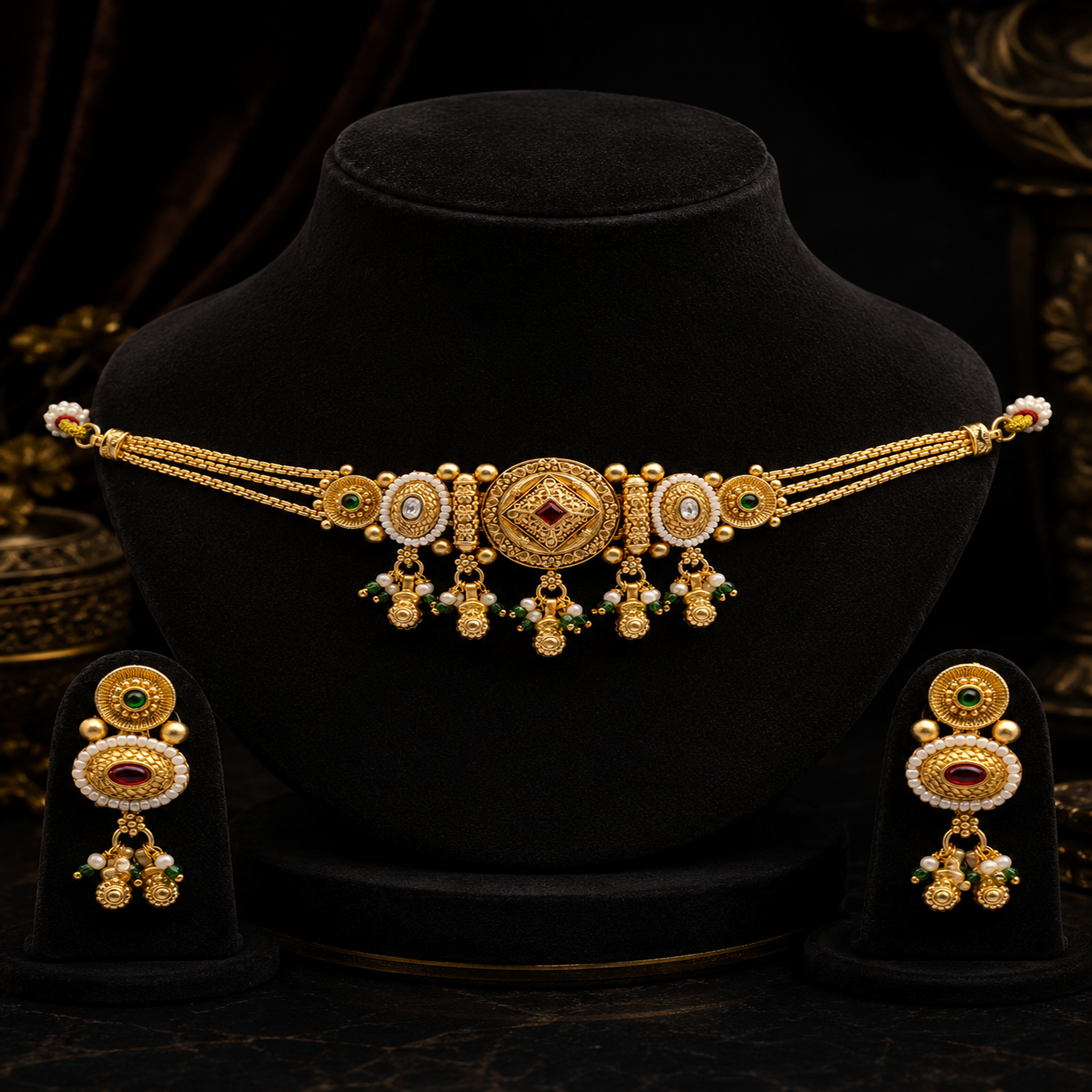 Classic Gold-Plated Traditional Choker Set with Pressing Earrings