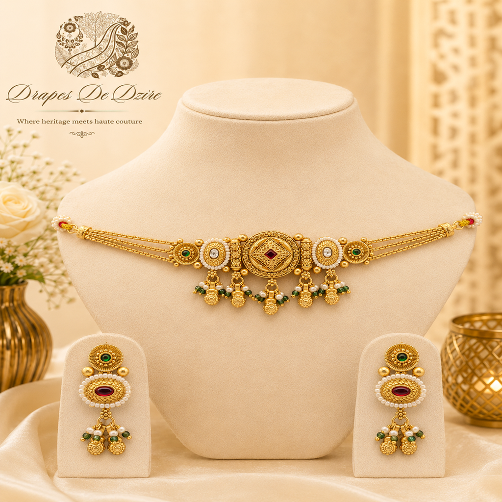 Classic Gold-Plated Traditional Choker Set with Pressing Earrings