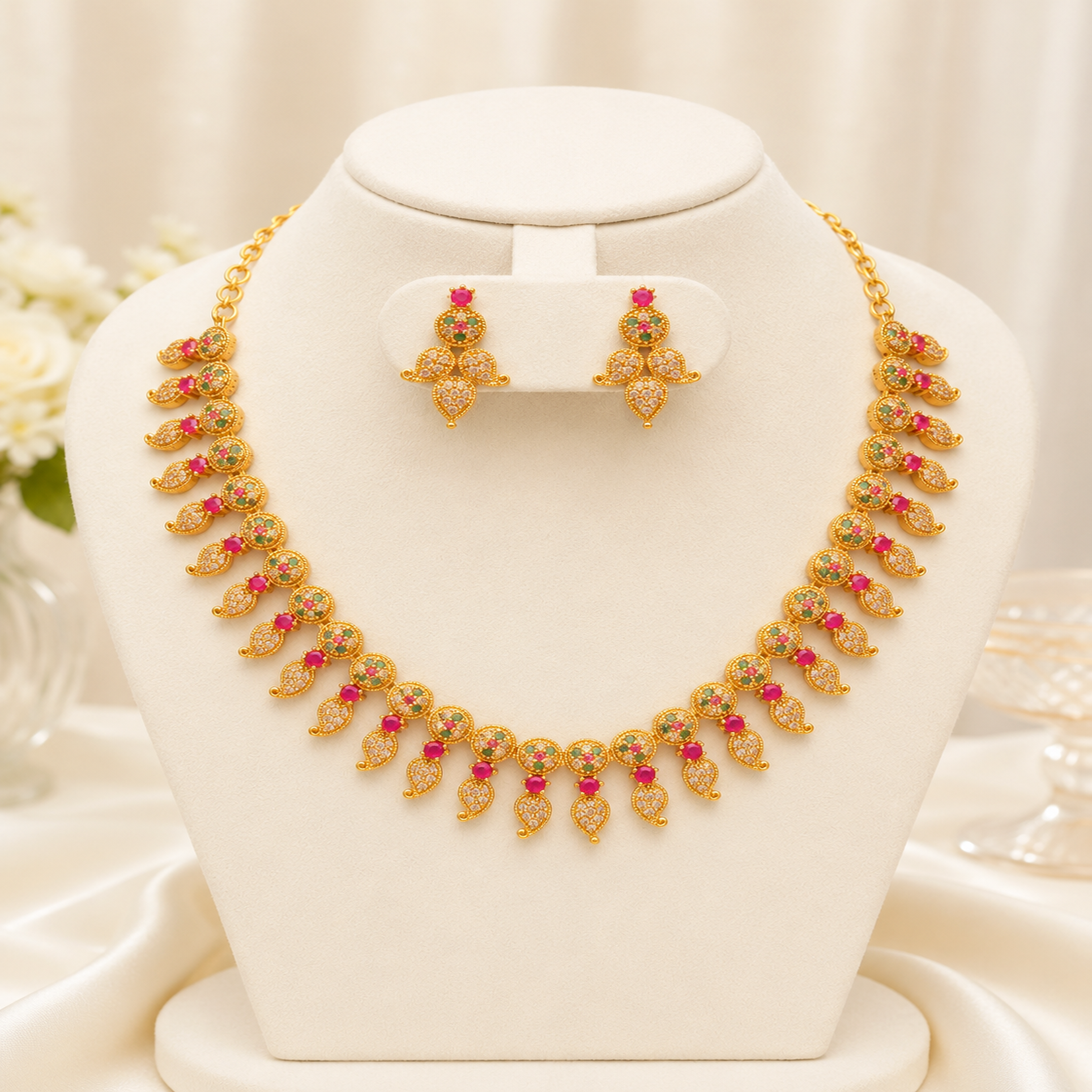 Gold-Tone Green & Pink Stone Paisley Drop Necklace Set