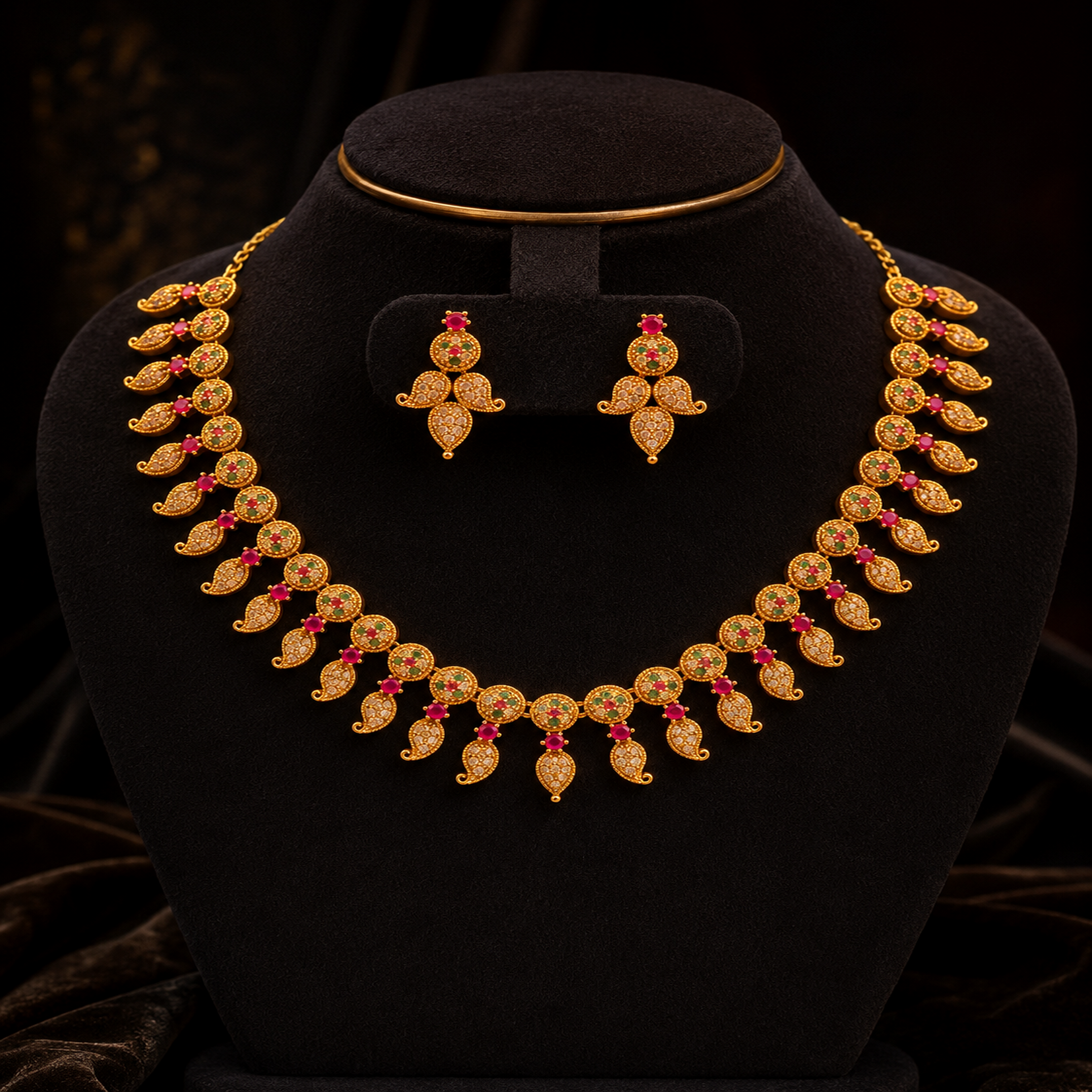 Gold-Tone Green & Pink Stone Paisley Drop Necklace Set