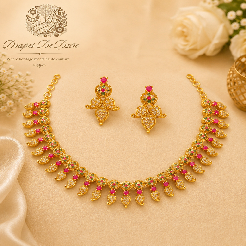 Gold-Tone Green & Pink Stone Paisley Drop Necklace Set