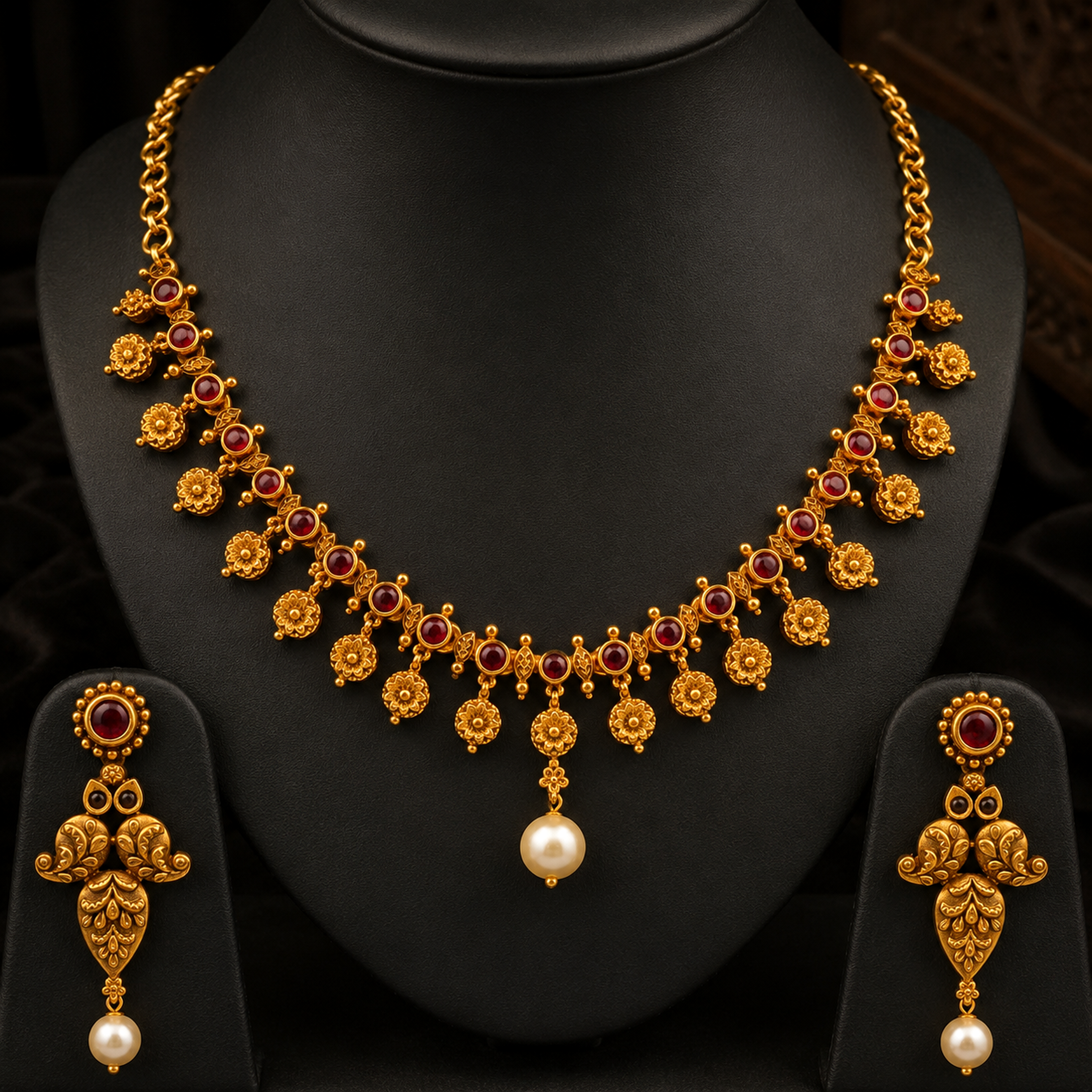 Gold-Tone Red Stone Floral Drop Necklace Set with Pearl Detailing
