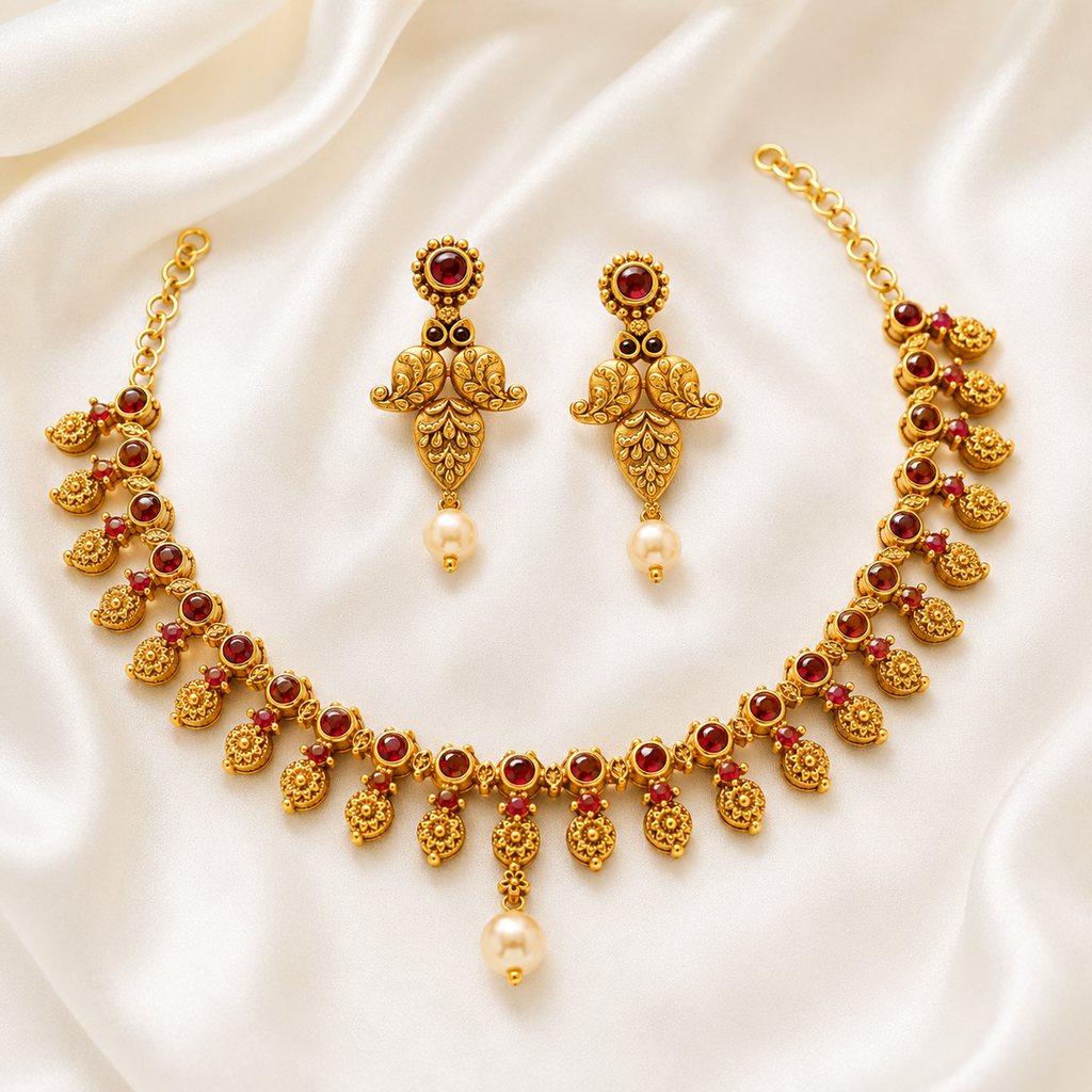 Gold-Tone Red Stone Floral Drop Necklace Set with Pearl Detailing