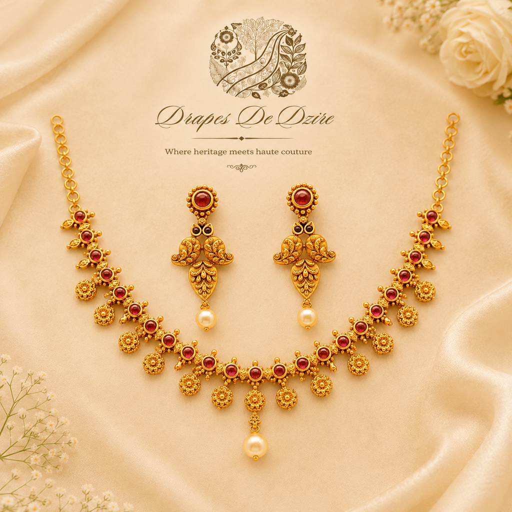 Gold-Tone Red Stone Floral Drop Necklace Set with Pearl Detailing