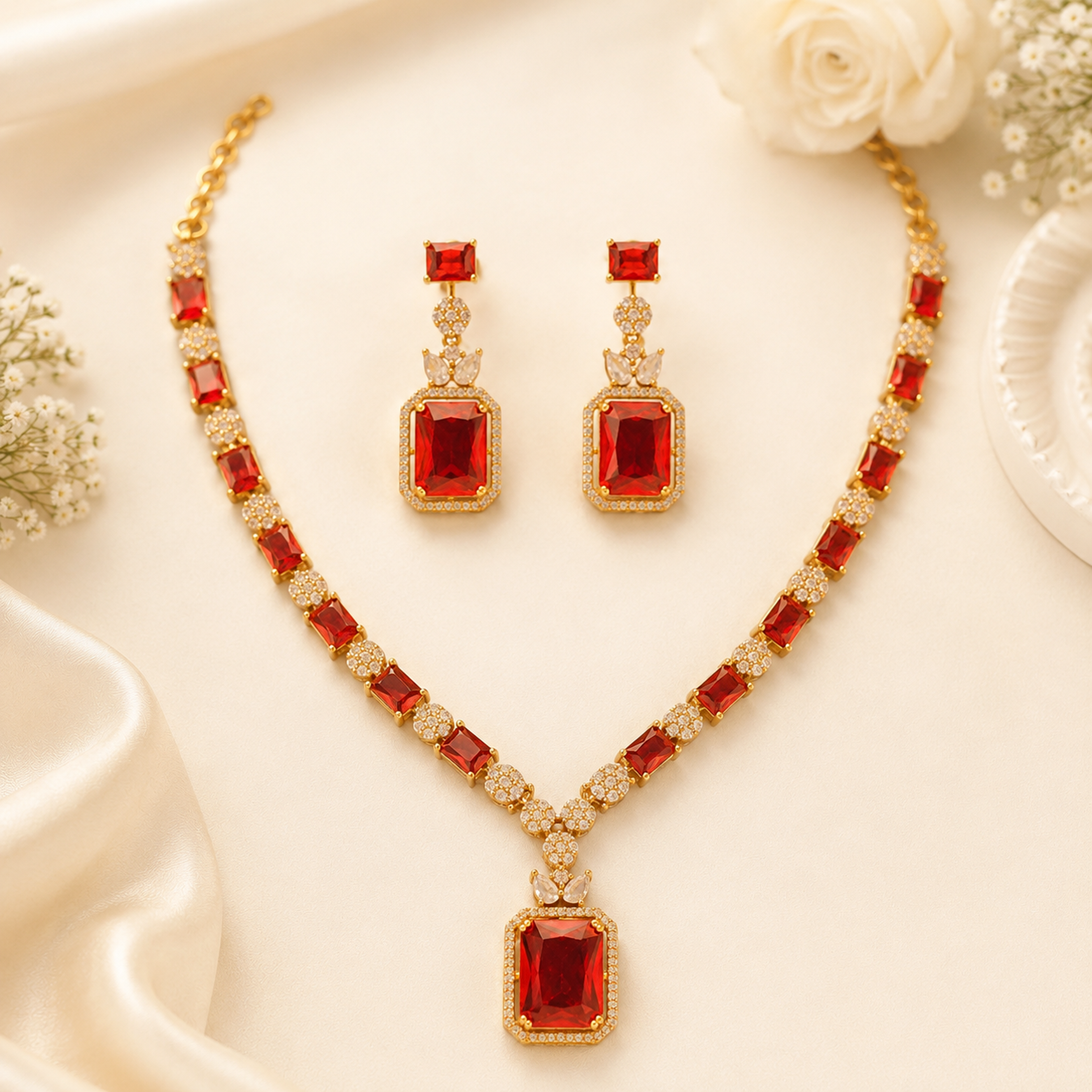Red Stone Gold-Plated Short Pendant Necklace Set with Pressing Earrings