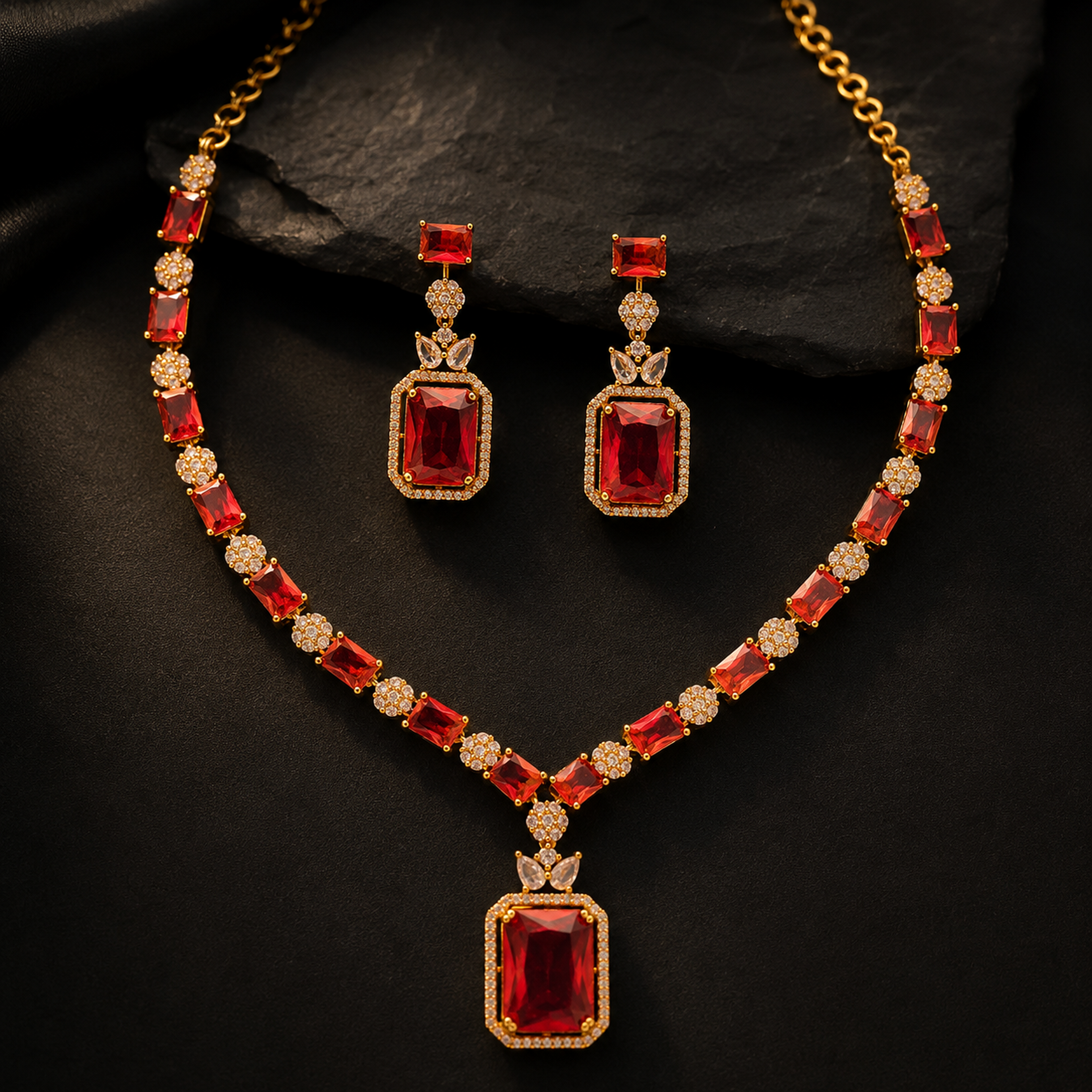Red Stone Gold-Plated Short Pendant Necklace Set with Pressing Earrings