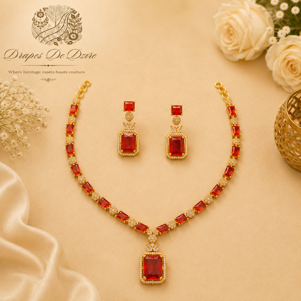 Red Stone Gold-Plated Short Pendant Necklace Set with Pressing Earrings