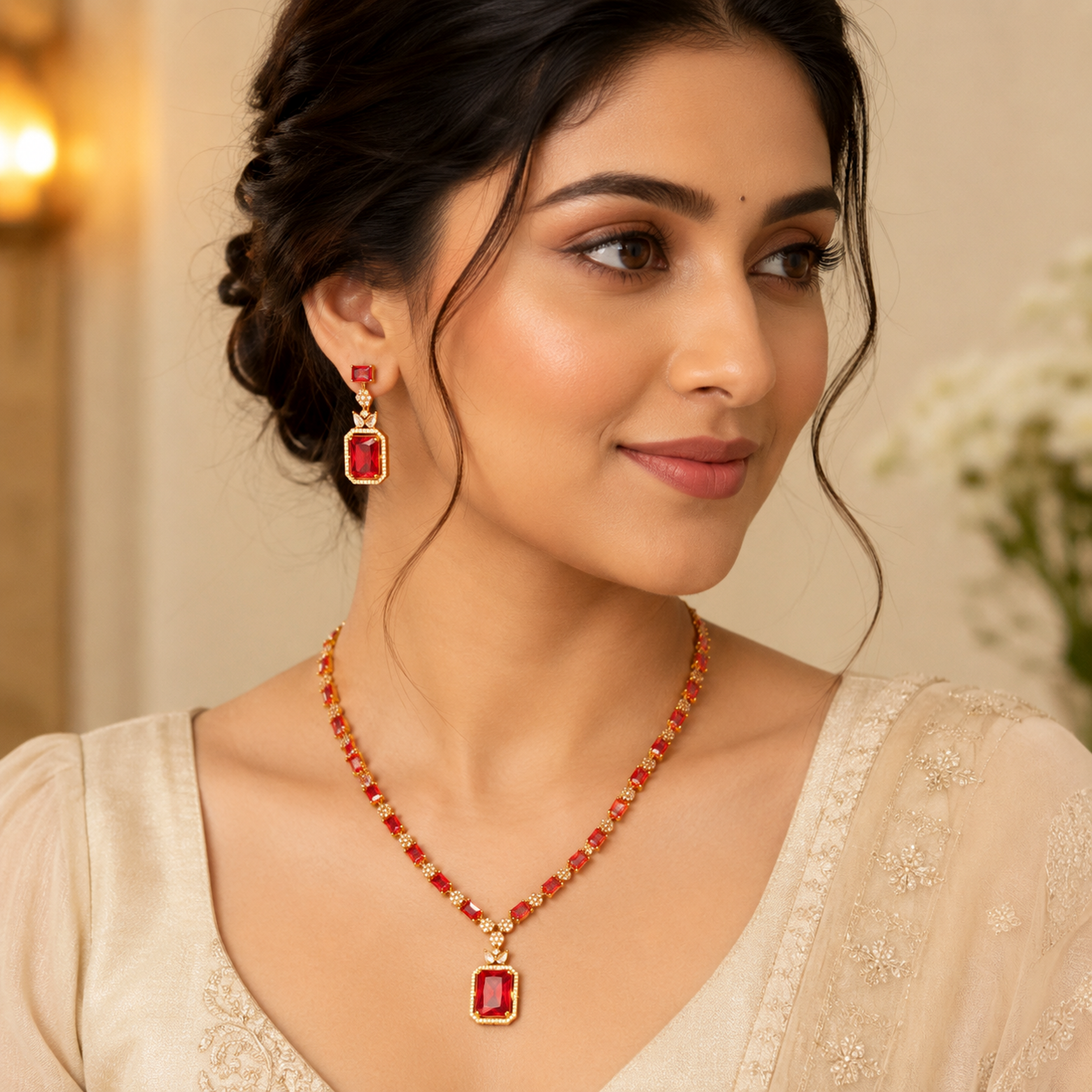 Red Stone Gold-Plated Short Pendant Necklace Set with Pressing Earrings