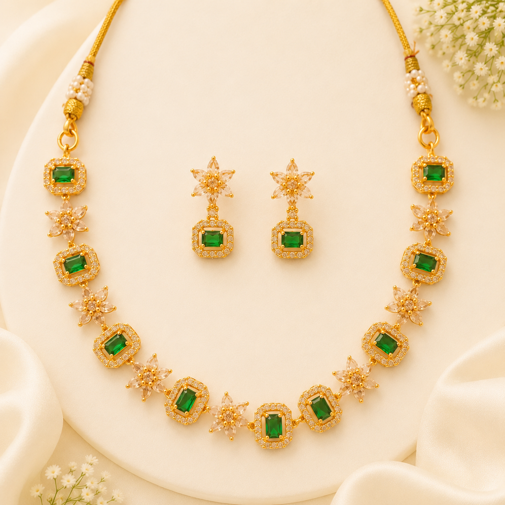 Refined Contemporary Green & White Stone Necklace Set