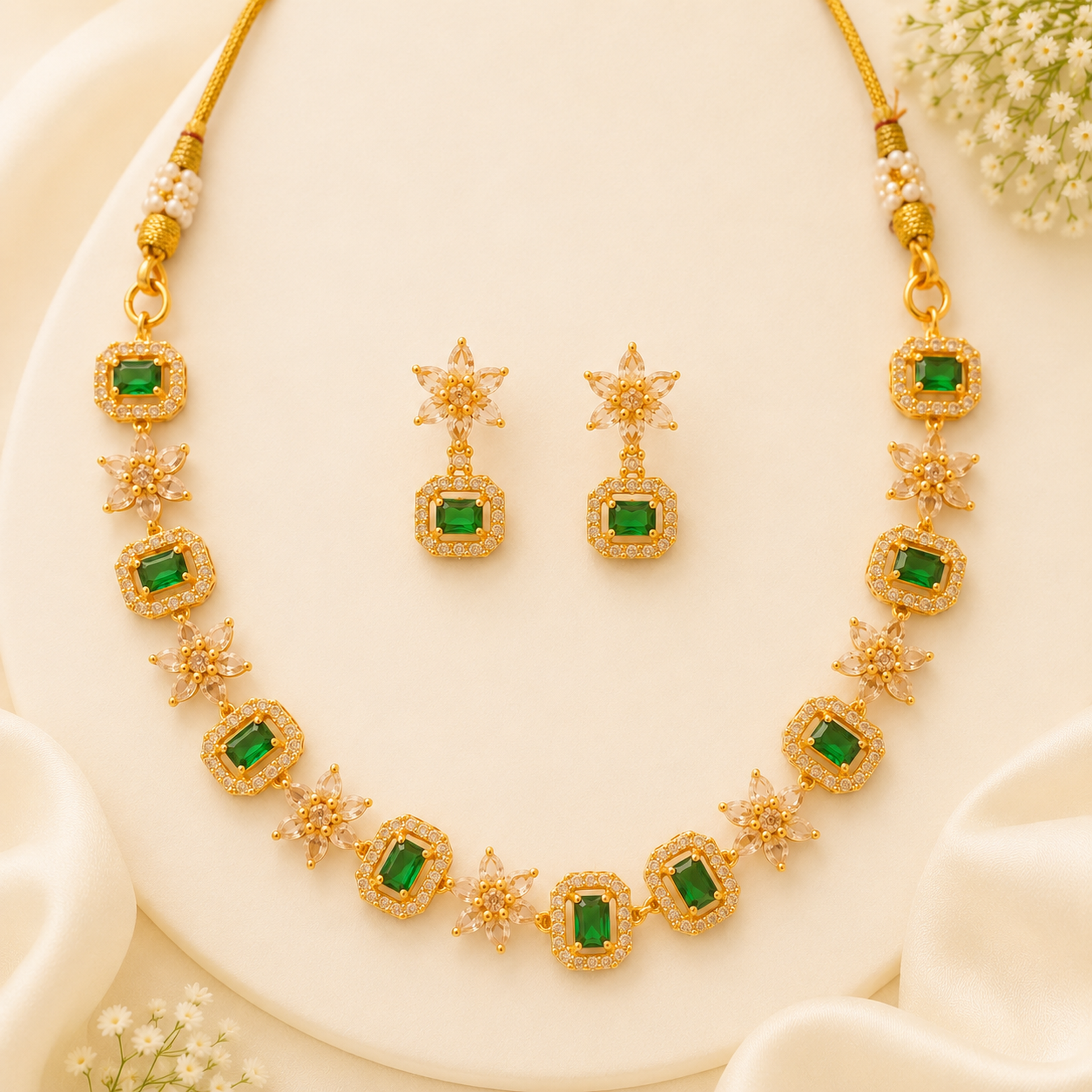 Refined Contemporary Green & White Stone Necklace Set