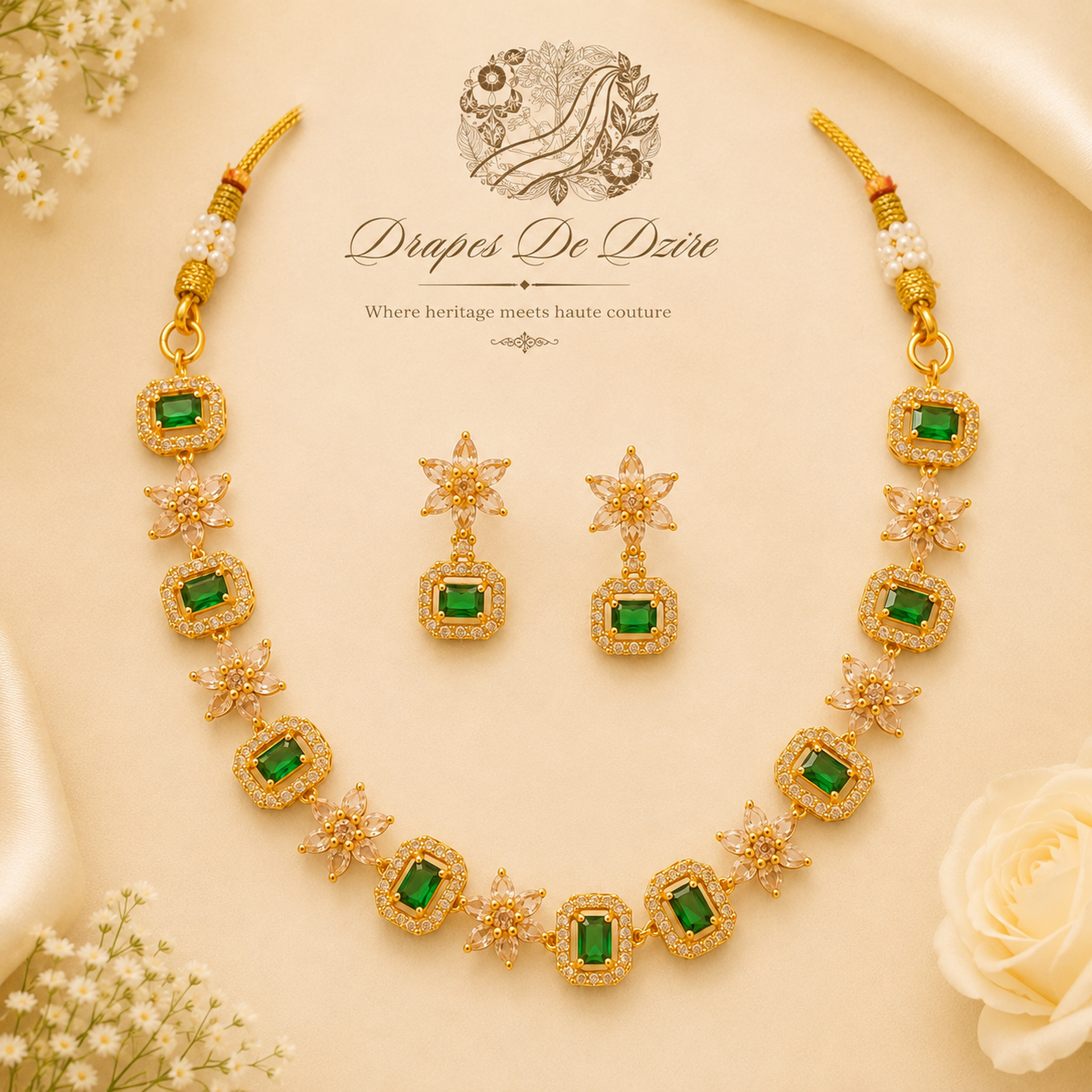 Refined Contemporary Green & White Stone Necklace Set