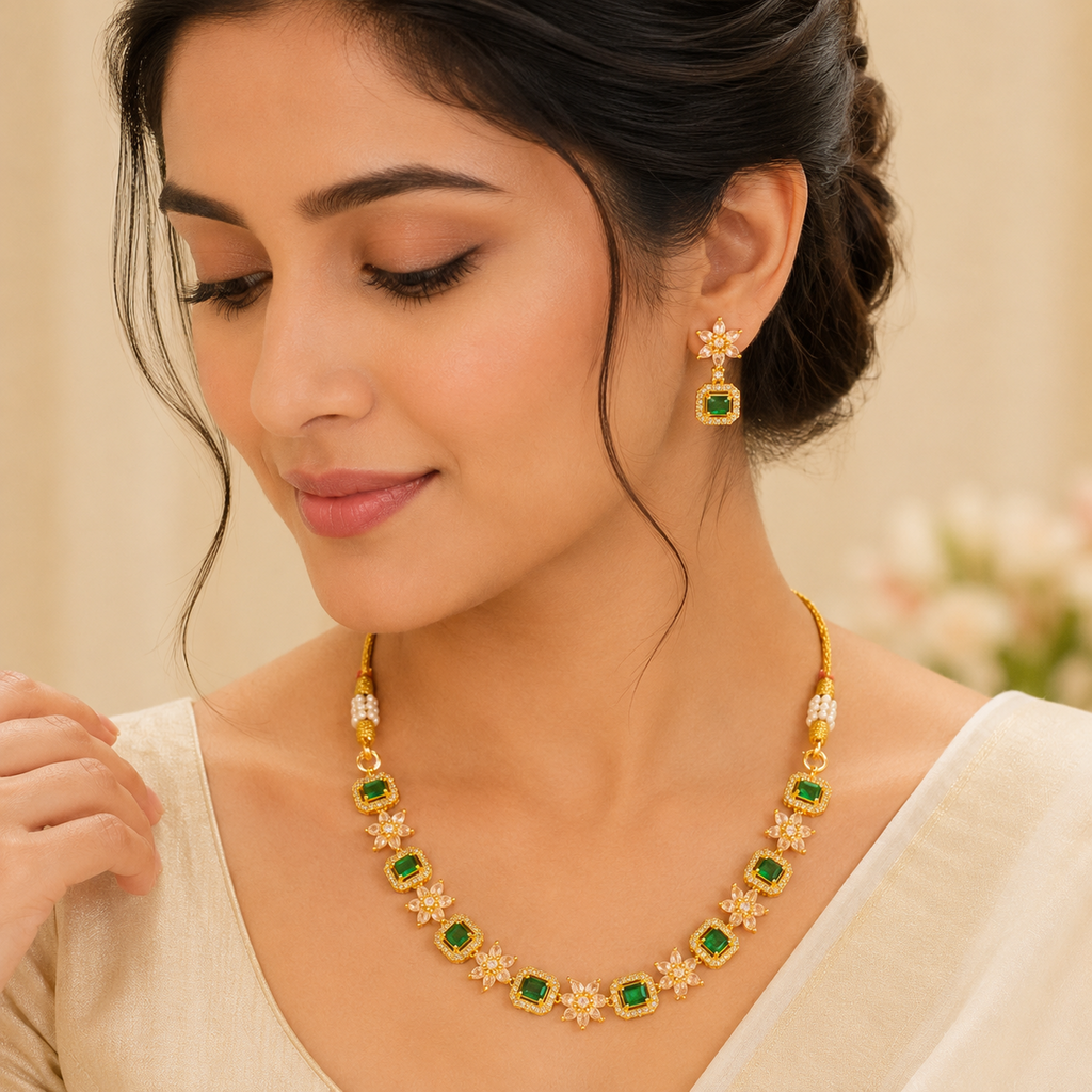 Refined Contemporary Green & White Stone Necklace Set