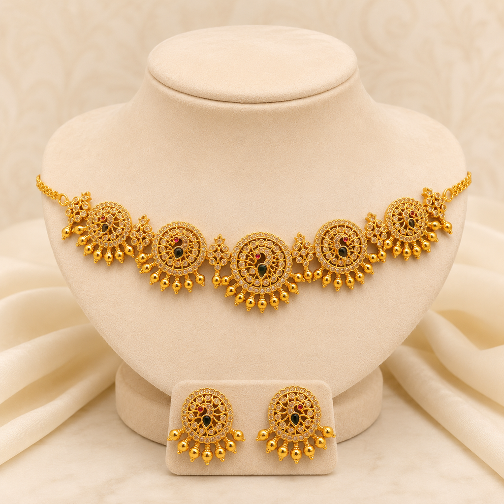 Peacock Motif Stone Choker Set with Matching Earrings