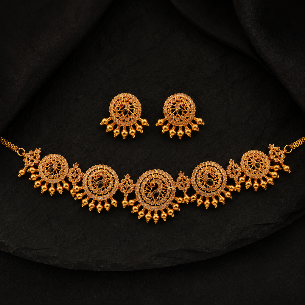Peacock Motif Stone Choker Set with Matching Earrings