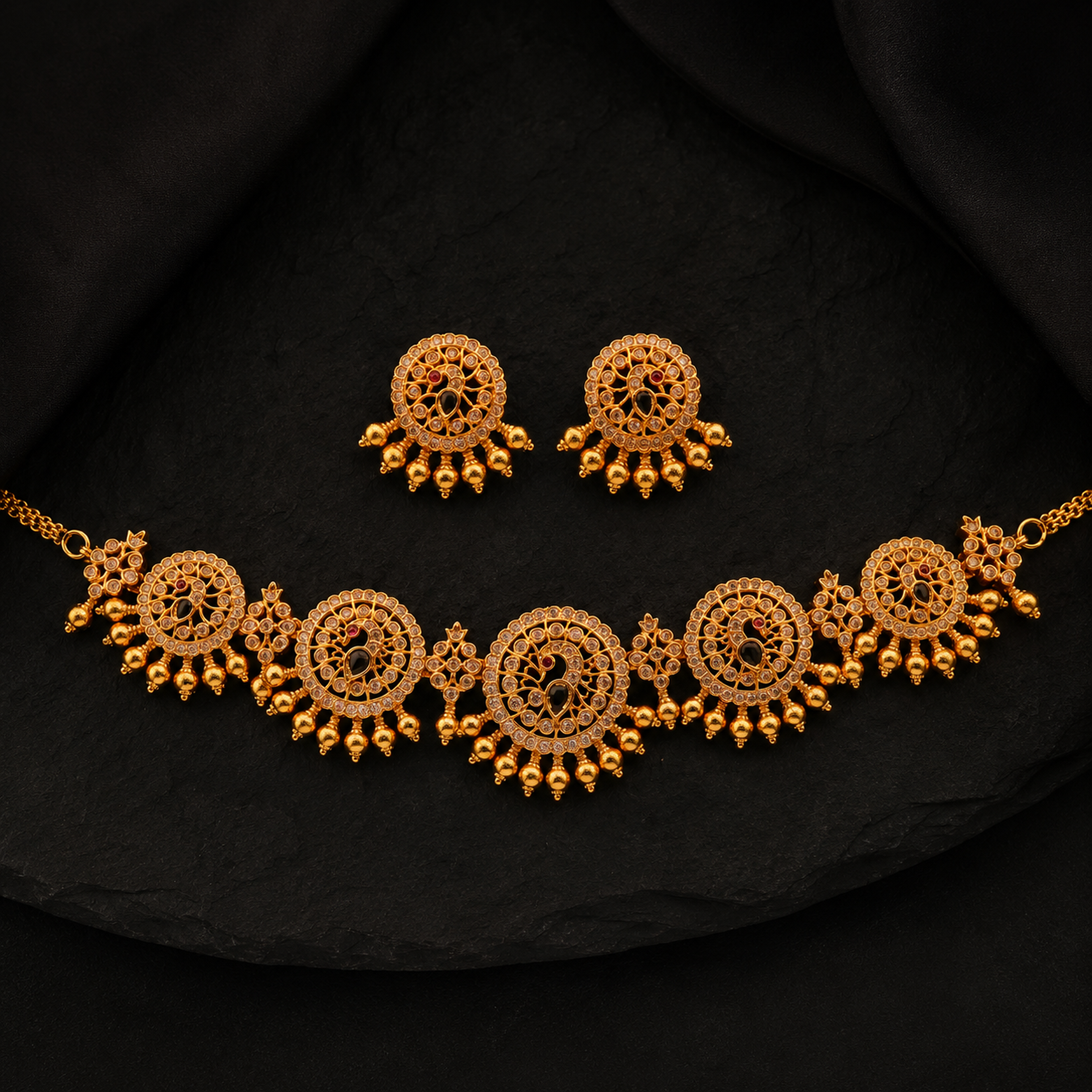 Peacock Motif Stone Choker Set with Matching Earrings