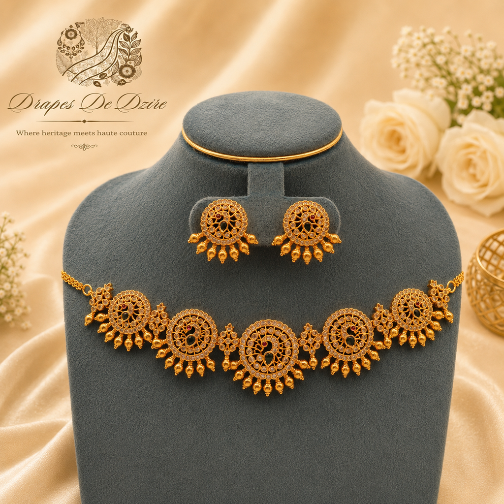 Peacock Motif Stone Choker Set with Matching Earrings