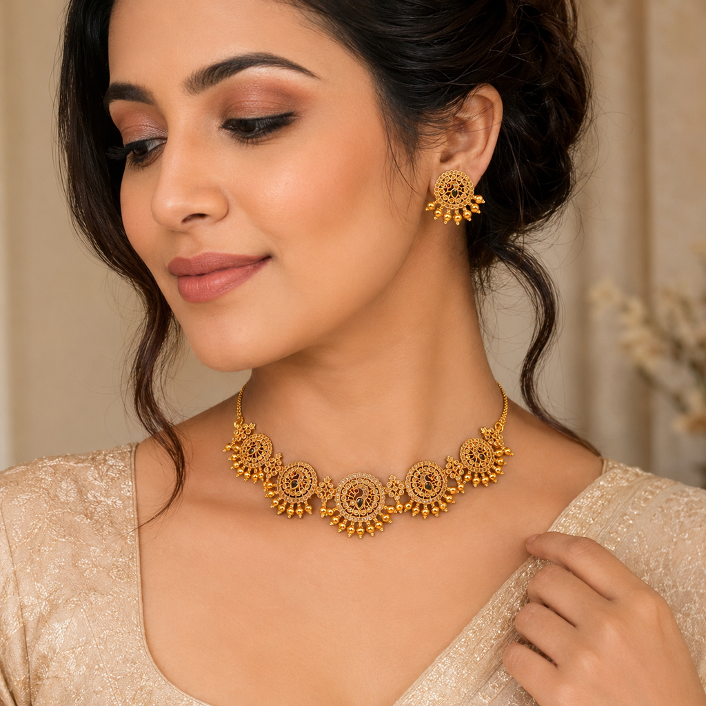 Peacock Motif Stone Choker Set with Matching Earrings
