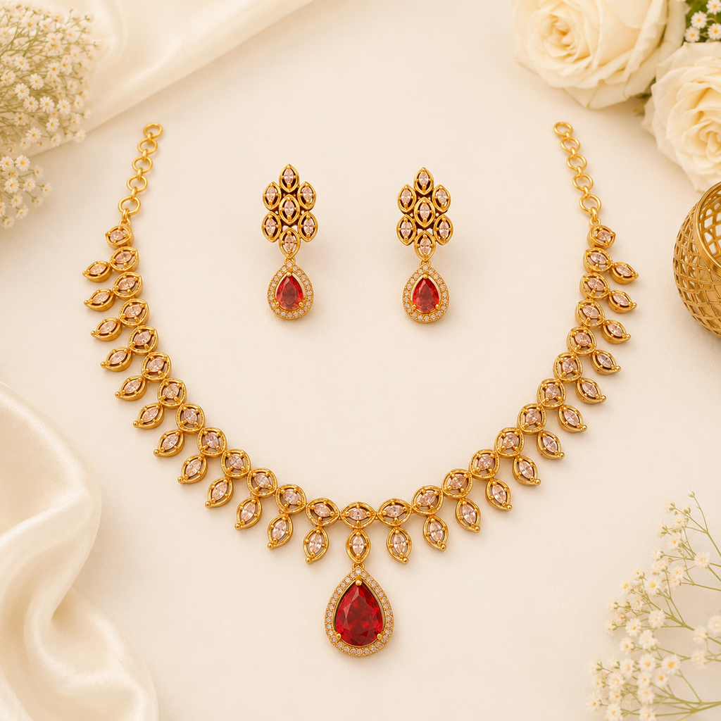 Brass Pink & White Stone Gold-Plated Short Necklace Set with Pressing Earrings