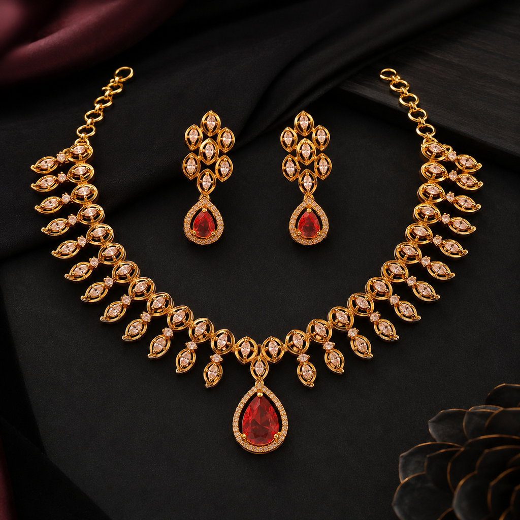 Brass Pink & White Stone Gold-Plated Short Necklace Set with Pressing Earrings