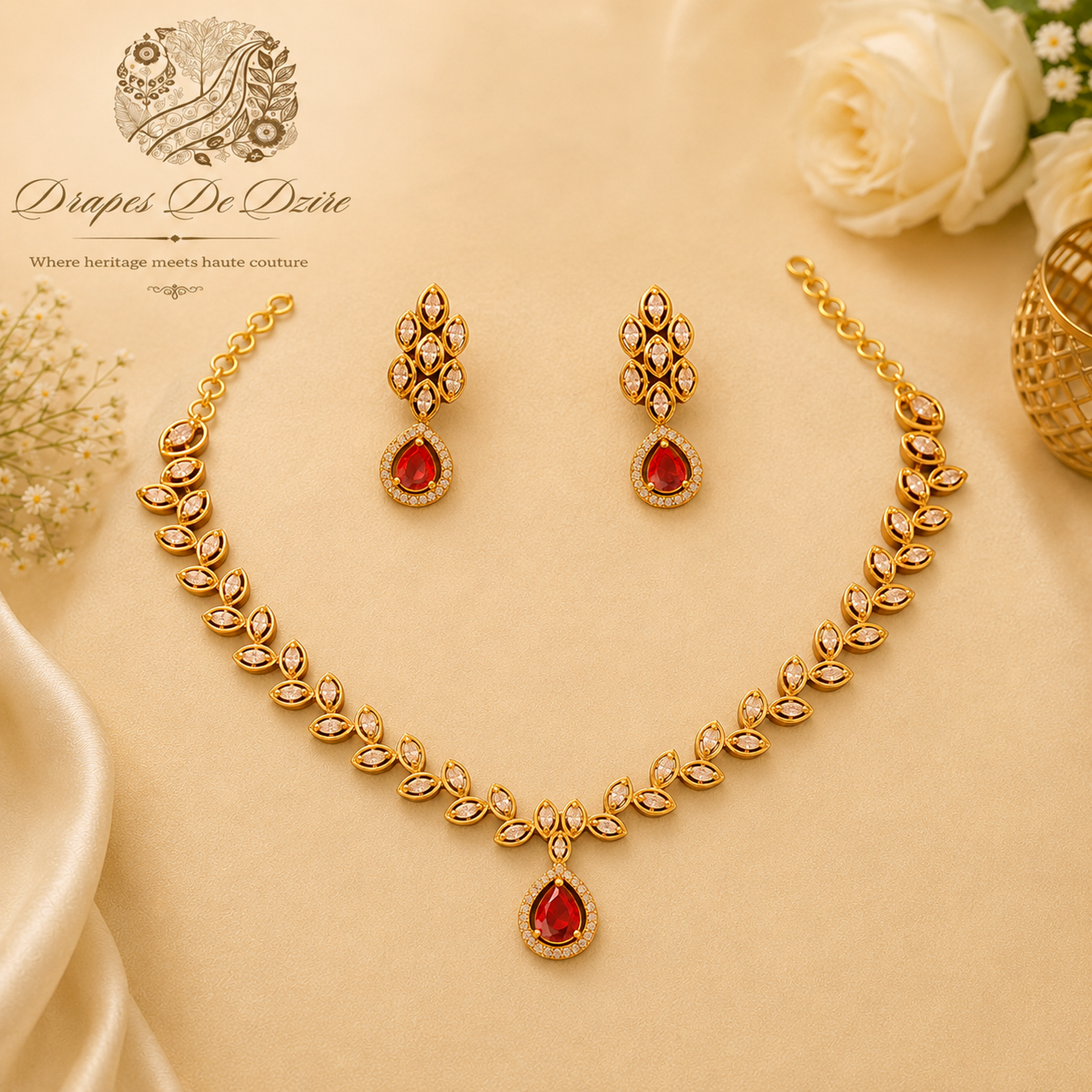 Brass Pink & White Stone Gold-Plated Short Necklace Set with Pressing Earrings