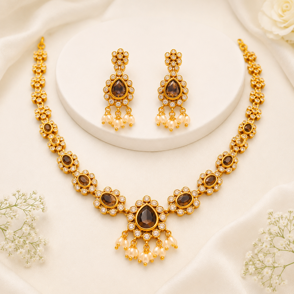 Purple Stone Handcrafted Short Necklace Set with Pressing Jhumkas