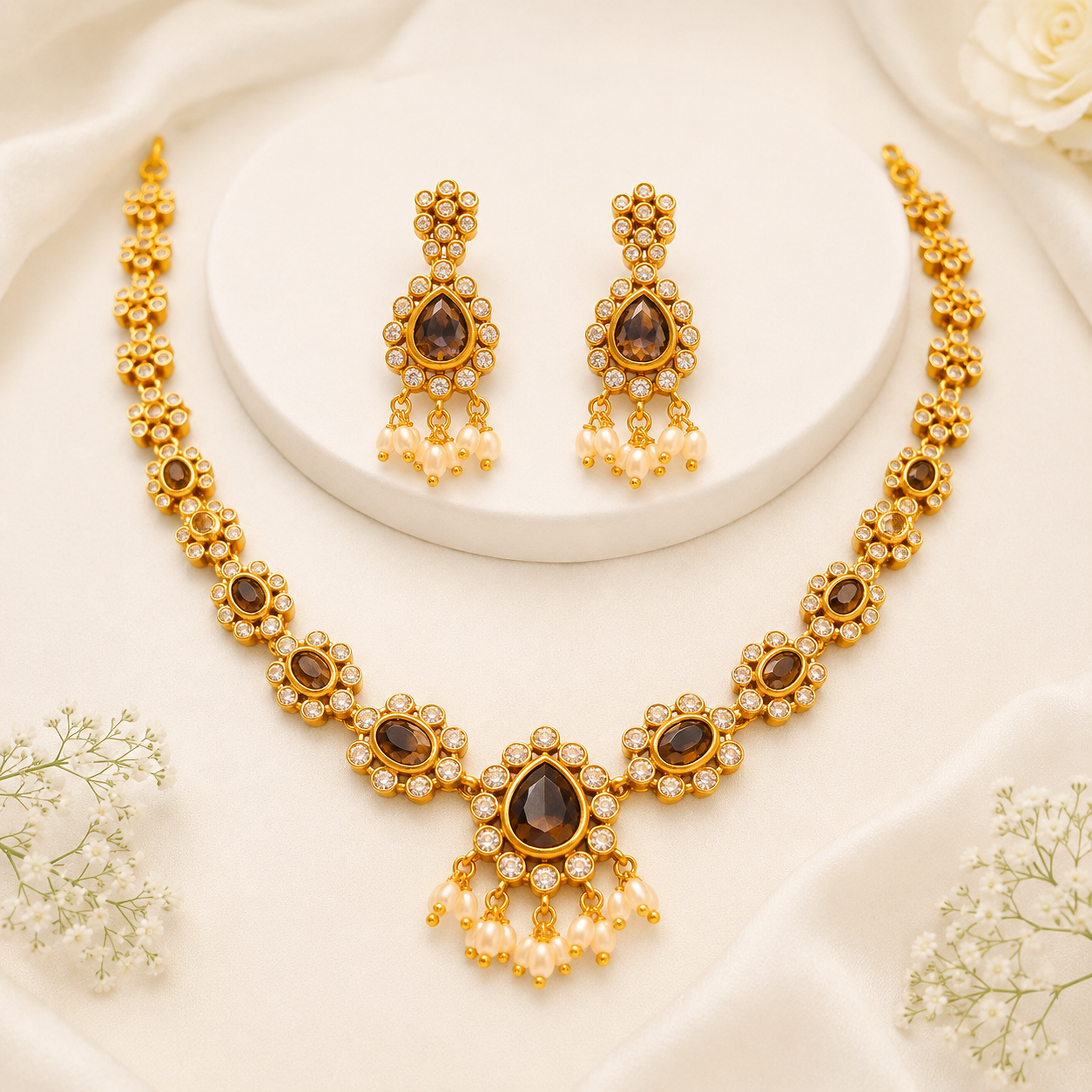 Purple Stone Handcrafted Short Necklace Set with Pressing Jhumkas