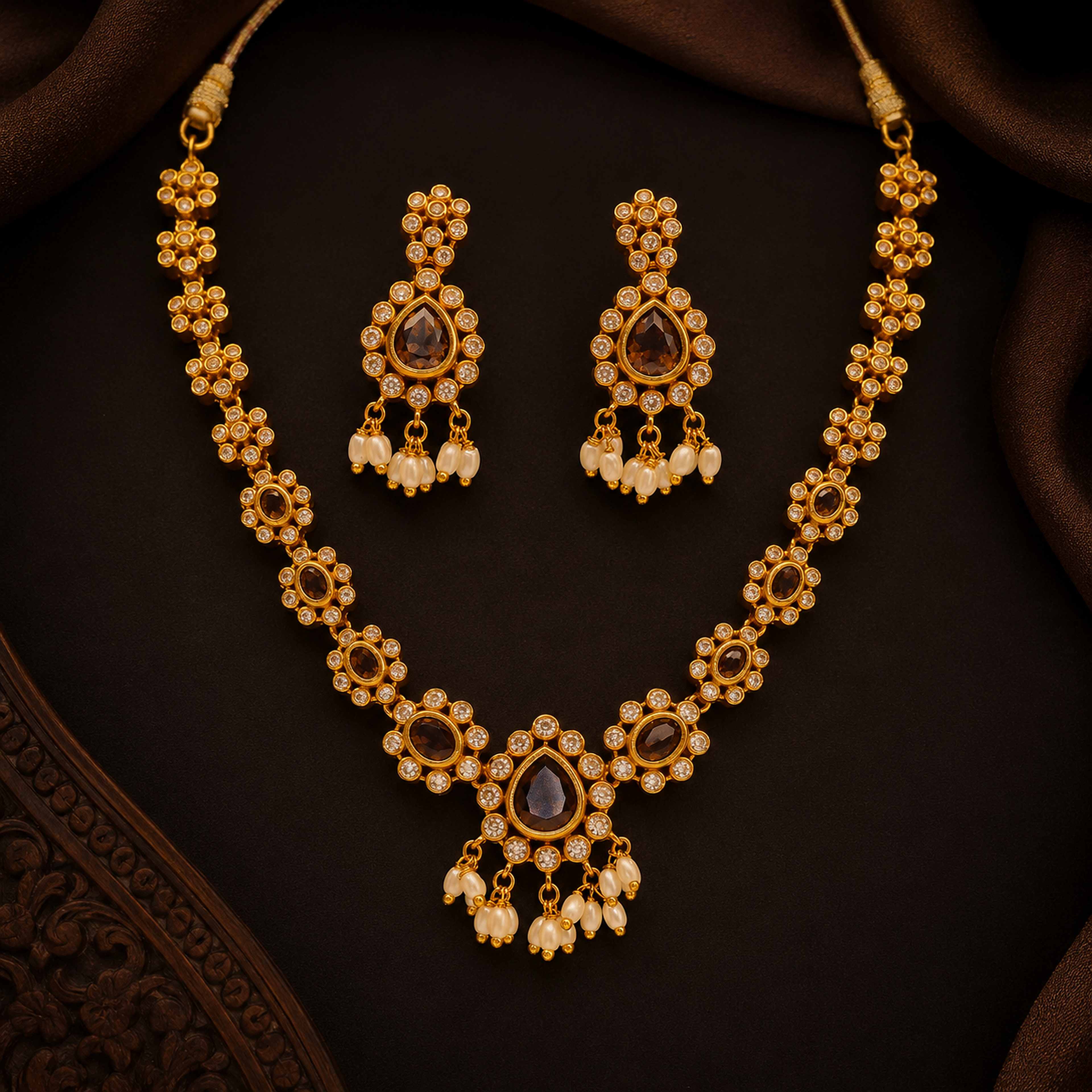Purple Stone Handcrafted Short Necklace Set with Pressing Jhumkas