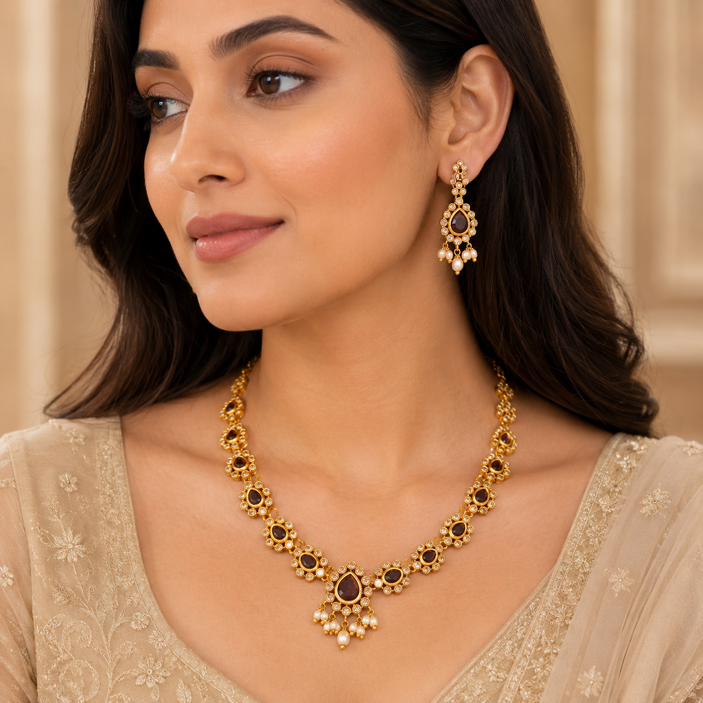 Purple Stone Handcrafted Short Necklace Set with Pressing Jhumkas