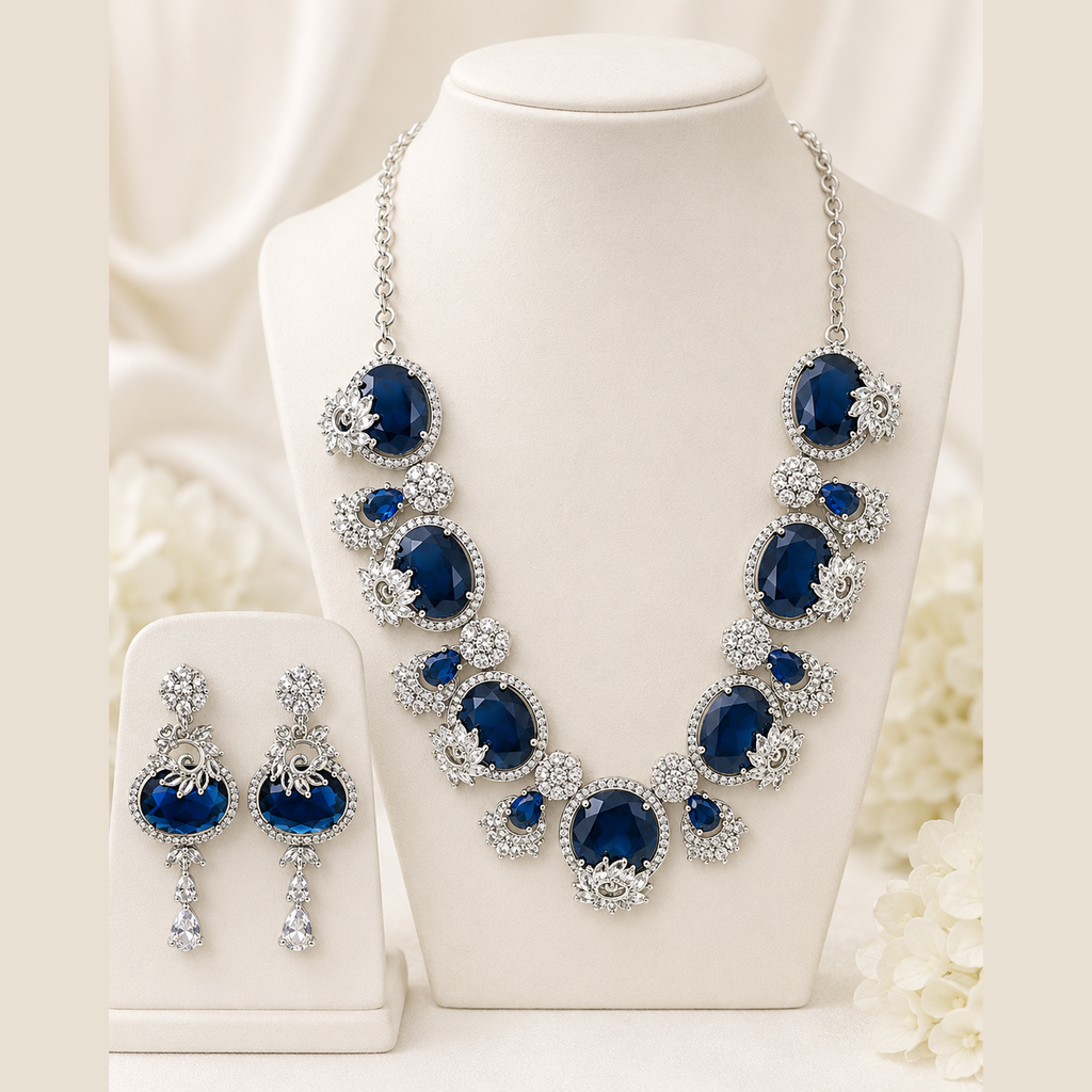Elegant Blue Stone Gold-Plated Contemporary-Traditional Necklace Set