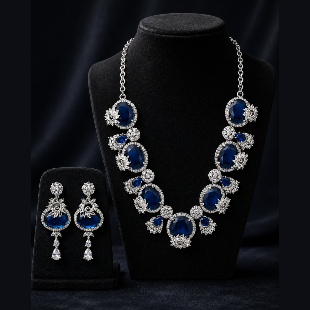Elegant Blue Stone Gold-Plated Contemporary-Traditional Necklace Set
