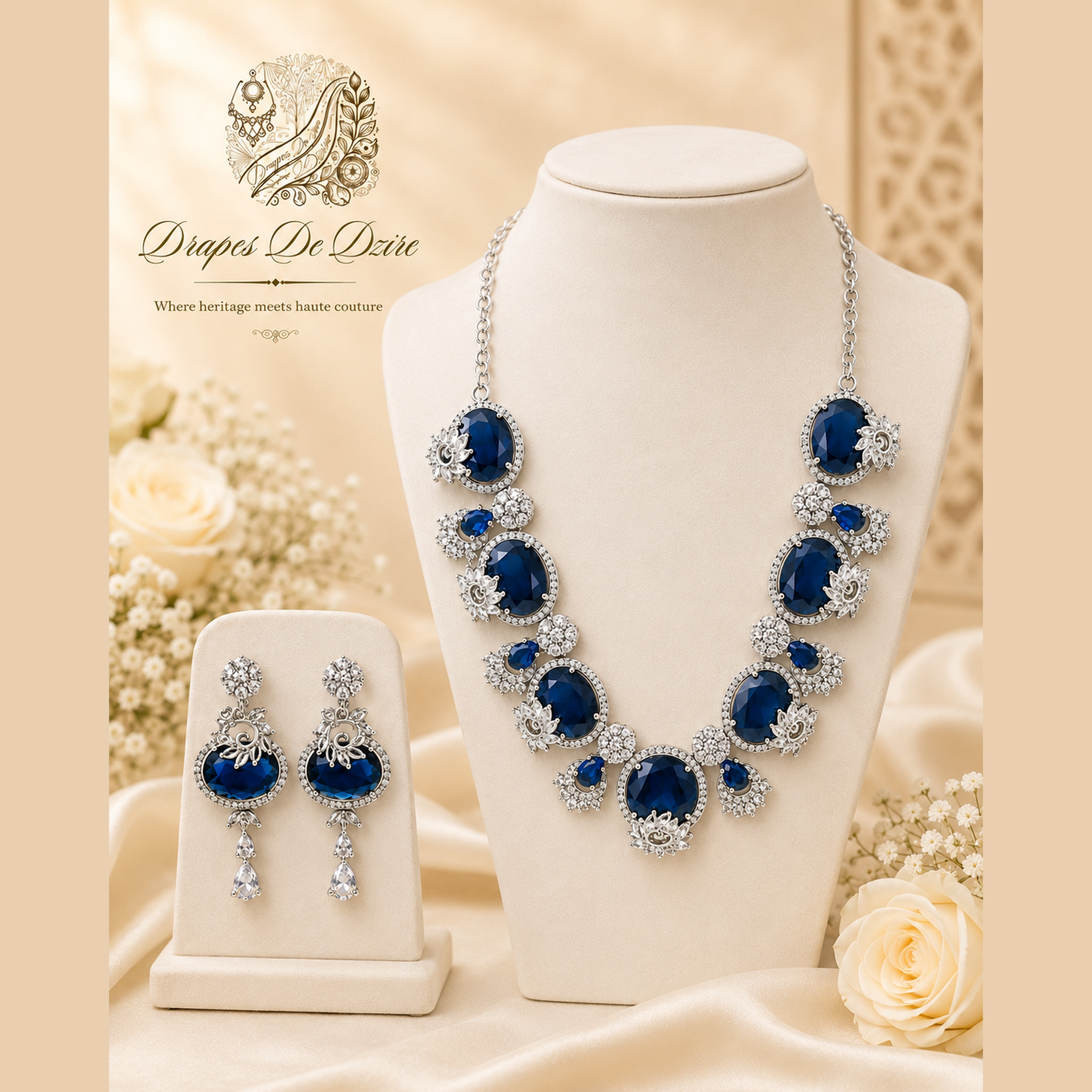 Elegant Blue Stone Gold-Plated Contemporary-Traditional Necklace Set