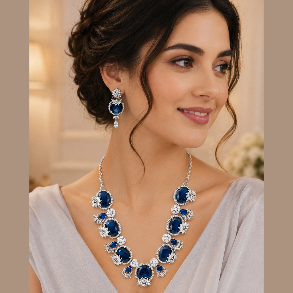 Elegant Blue Stone Gold-Plated Contemporary-Traditional Necklace Set