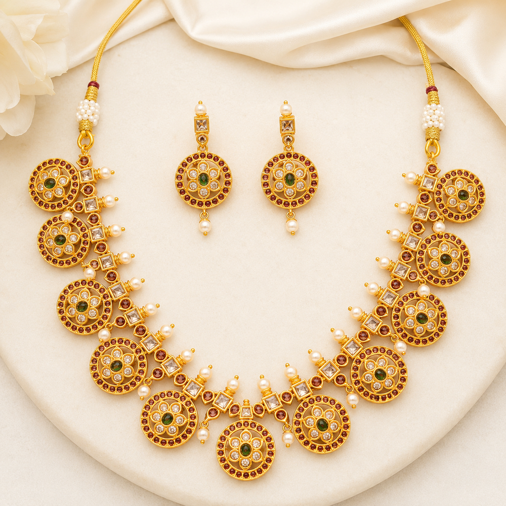 Vibrant Multi-Color Gold-Plated Statement Choker Set with Pressing Earrings