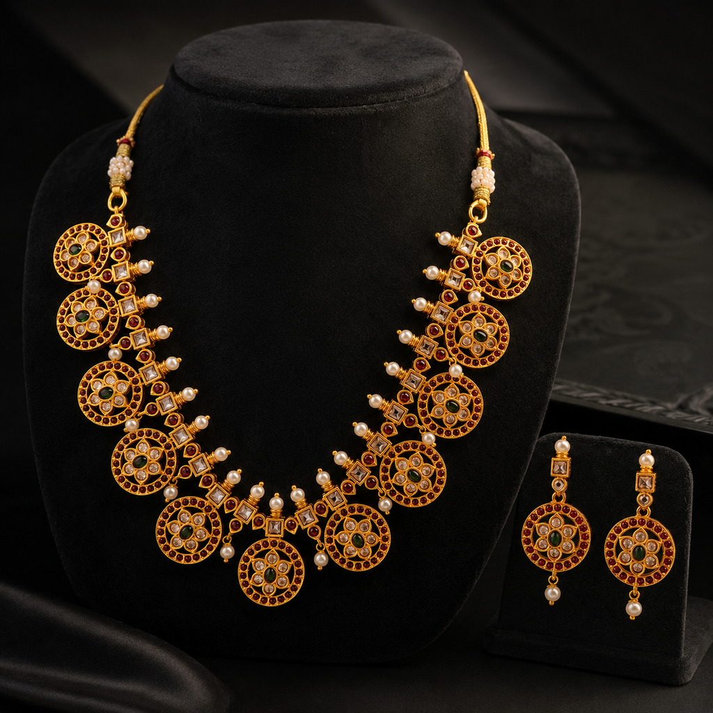 Vibrant Multi-Color Gold-Plated Statement Choker Set with Pressing Earrings