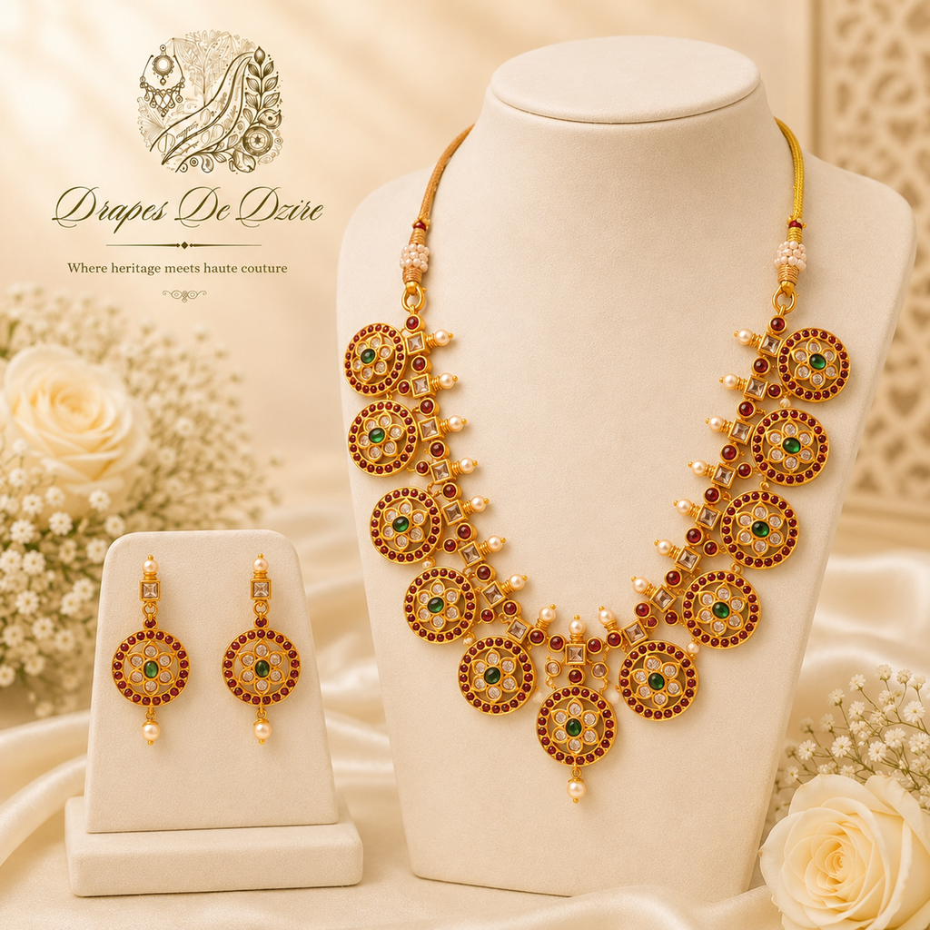 Vibrant Multi-Color Gold-Plated Statement Choker Set with Pressing Earrings