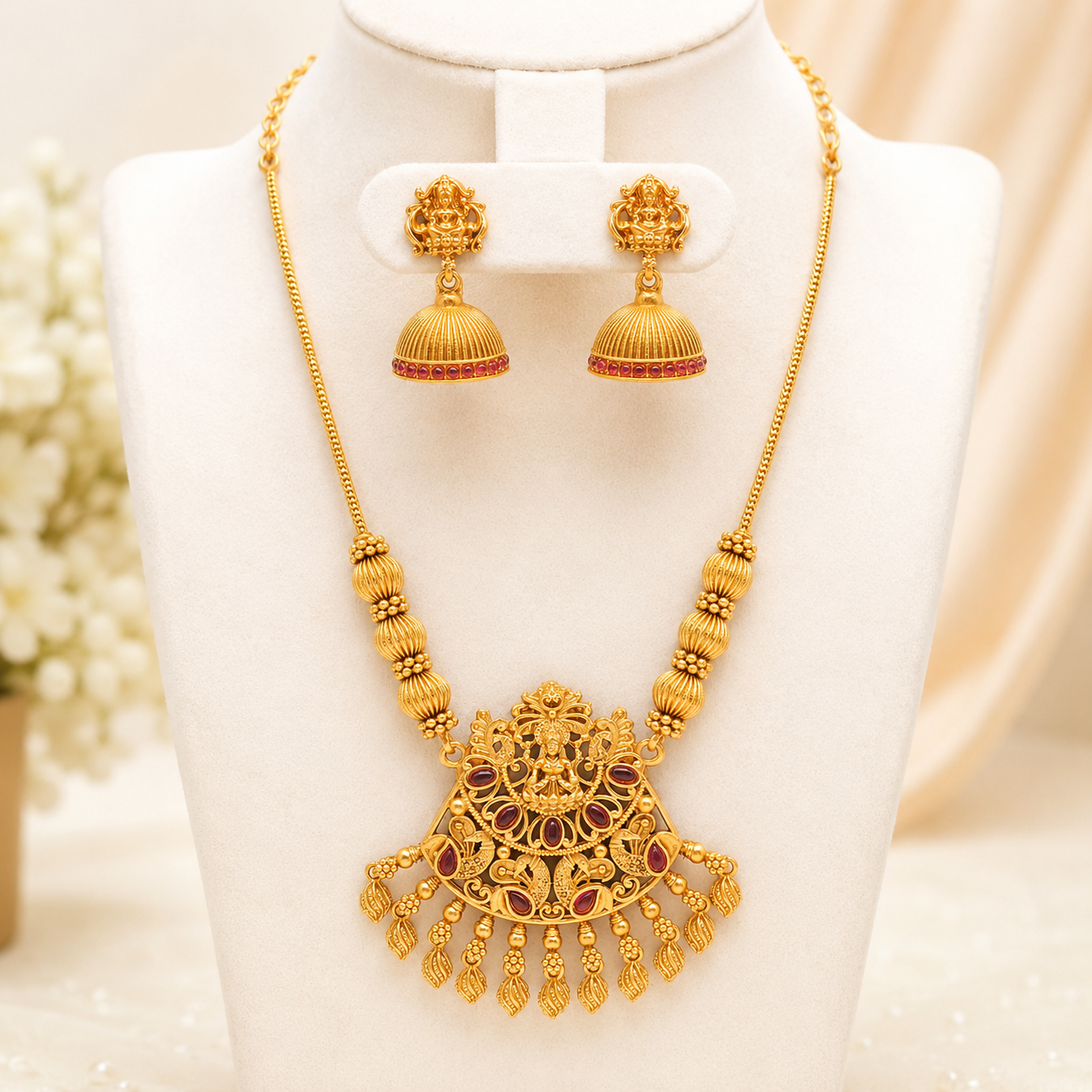 Gold-Tone Lakshmi Design Choker Set with Pressing Jhumkas