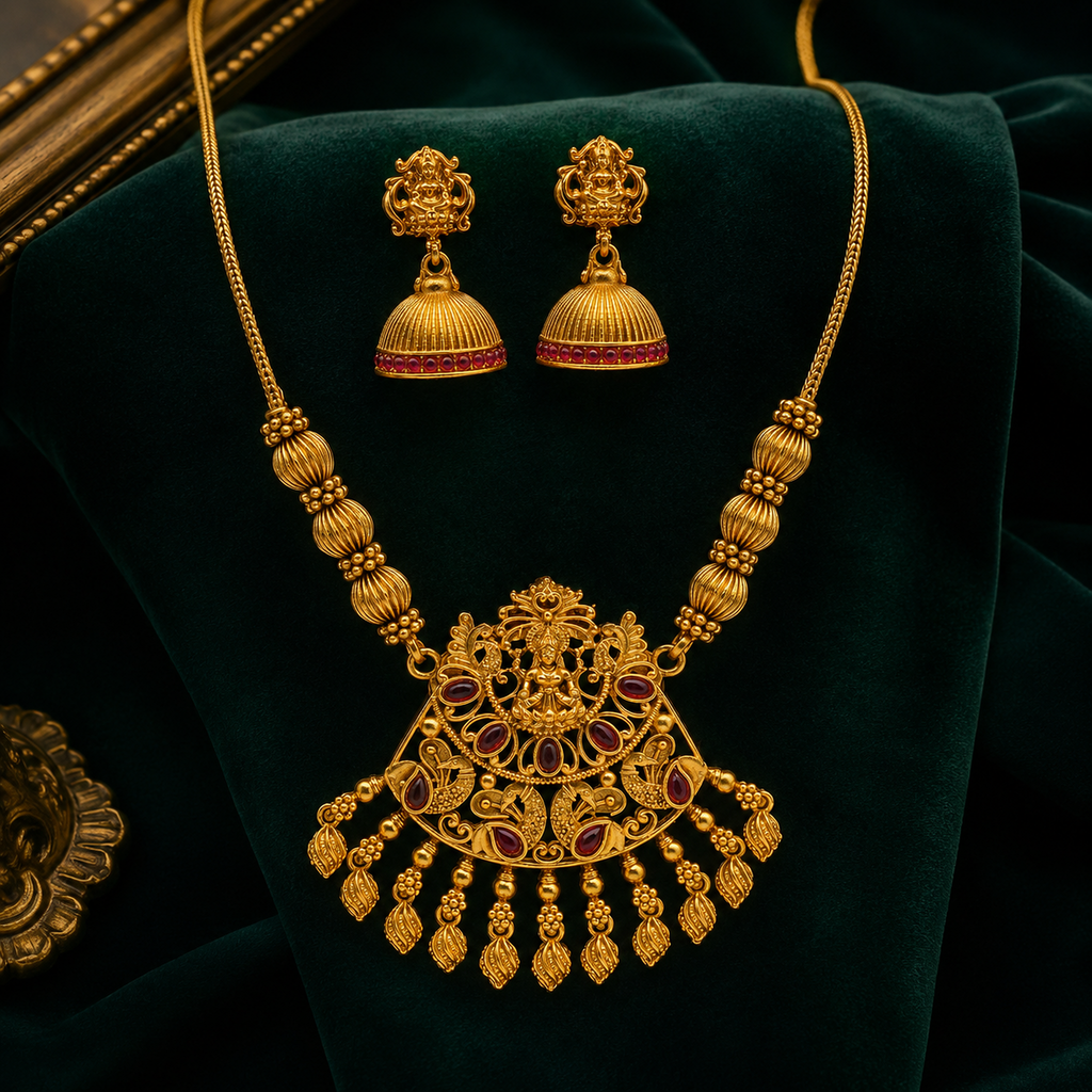 Gold-Tone Lakshmi Design Choker Set with Pressing Jhumkas