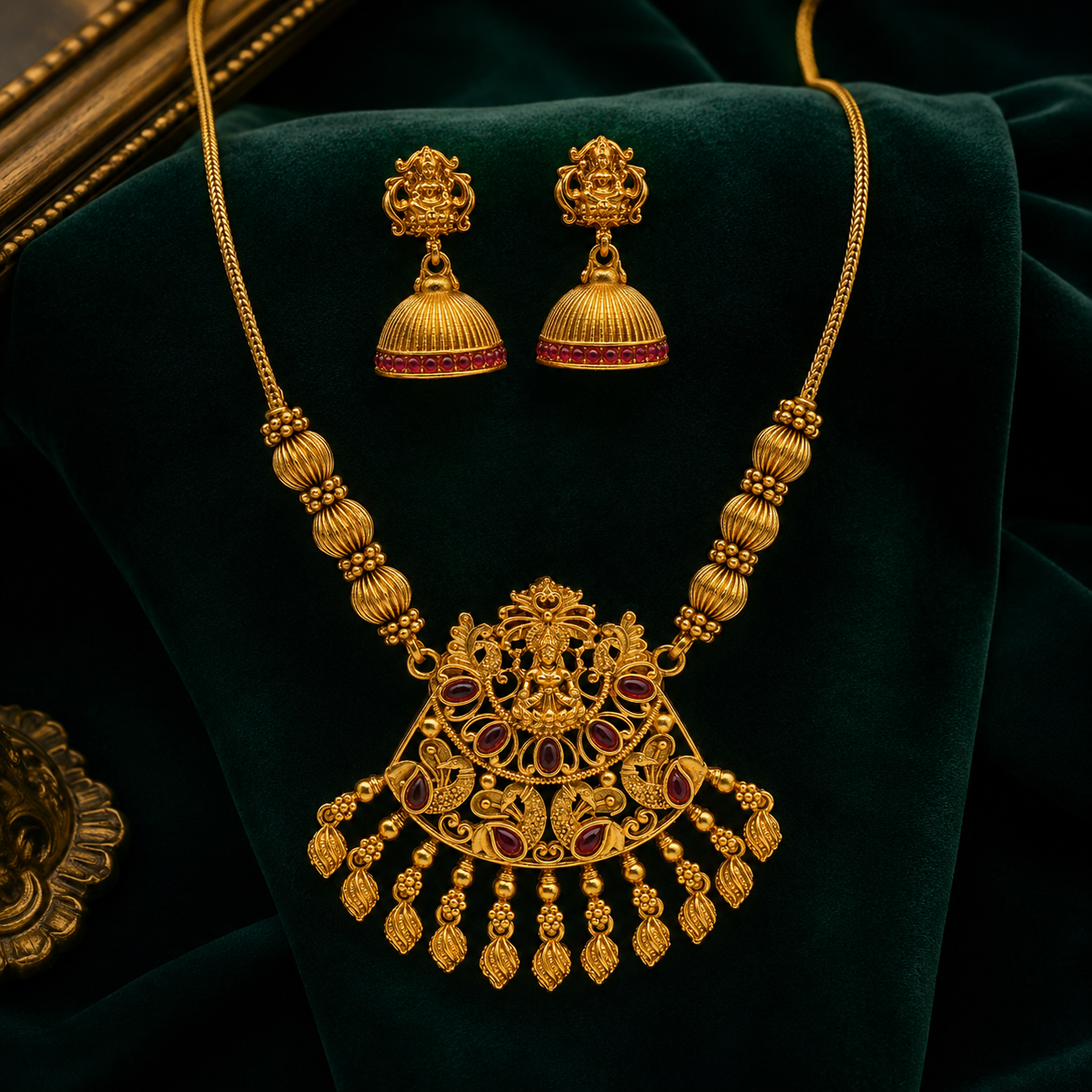 Gold-Tone Lakshmi Design Choker Set with Pressing Jhumkas