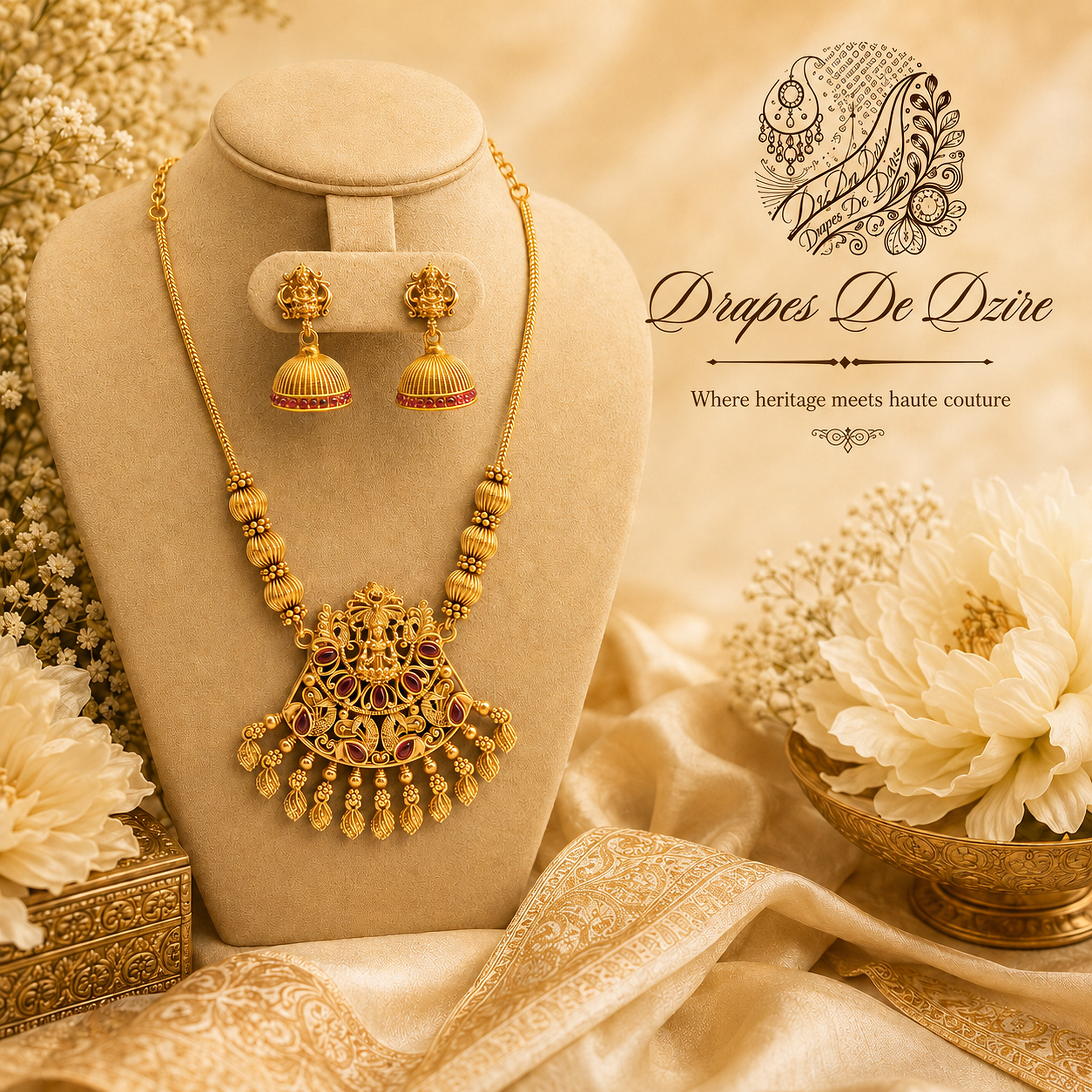 Gold-Tone Lakshmi Design Choker Set with Pressing Jhumkas