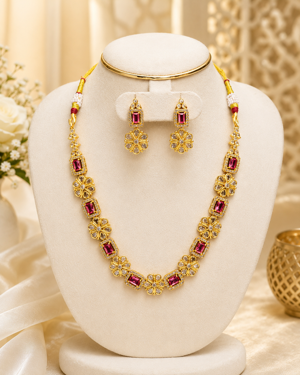 Gold-Tone Festive Floral Drop Necklace Set with Stone Detailing