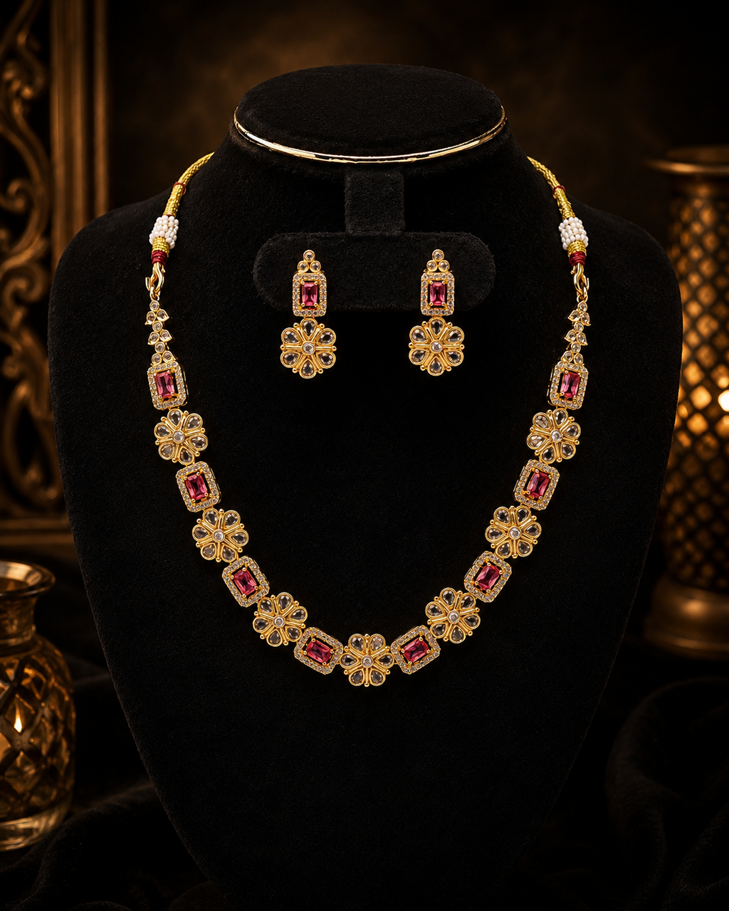 Gold-Tone Festive Floral Drop Necklace Set with Stone Detailing